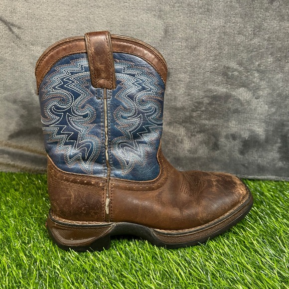 Durango Kids Cowboy Boots 8" Brown Leather Blue Western Stitching Youth 12 M - Picture 1 of 13
